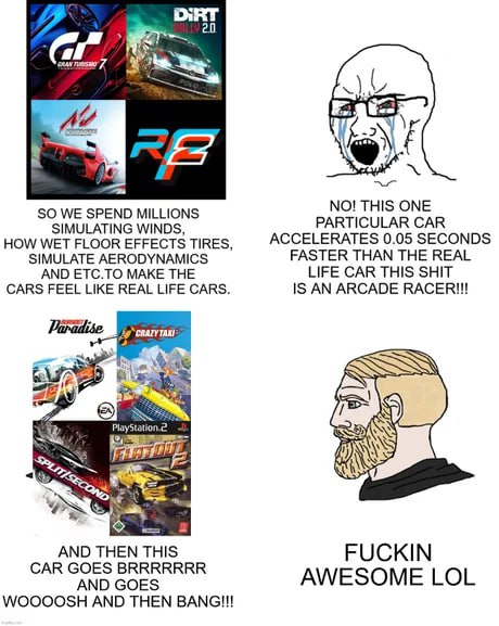 NO! THIS ONE SO WE SPEND MILLIONS PARTICULAR CAR SIMULATING WINDS, ACCELERATES 0.05 SECONDS HOW WET FLOOR EFFECTS TIRES. SIMULATE AERODYNAMICS FASTER THAN THE REAL AND ETC.TO MAKE THE LIFE CAR THIS SH