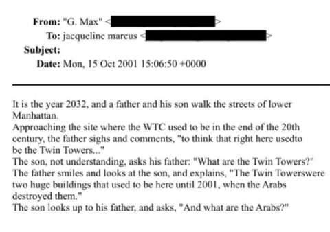 From: "С. Мах” To: jacqueline marcus Subject: Date: Mon, 15 Oct 2001 15:06:50 +0000 It is the year 2032, and a father and his son walk the streets of lower Manhattan. Approaching the site where the WT