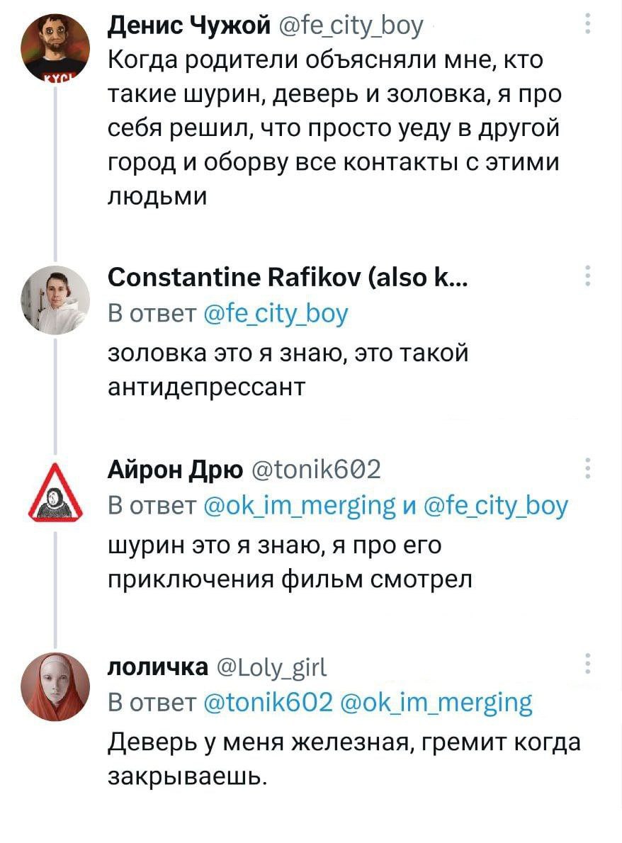 Денис Чужой Когда родители объясняли мне, кто такие шурин, деверь и золовка, я про себя решил, что просто уеду в другой город и оборву все контакты с этими Constantine Rafikov (also Вответ boy золовка