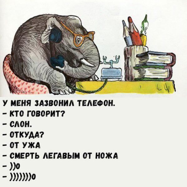 19 У МЕНЯ ЗАЗВОНИЛ ТЕЛЕФОН. КТО ГОВОРИТ? СЛОН ОТКУДА? ОТУЖА СМЕРТЬ ЛЕГАВЫМ ОТ НОЖА )))))))0