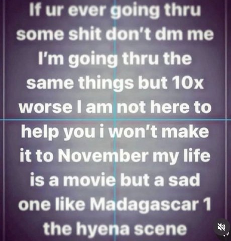 гыг емег going thre. some shit don't me going thru the same things but worse lam not here to help you i won't make it to November my life iS amovie but asad one like Madagascar 1 the hyena scene