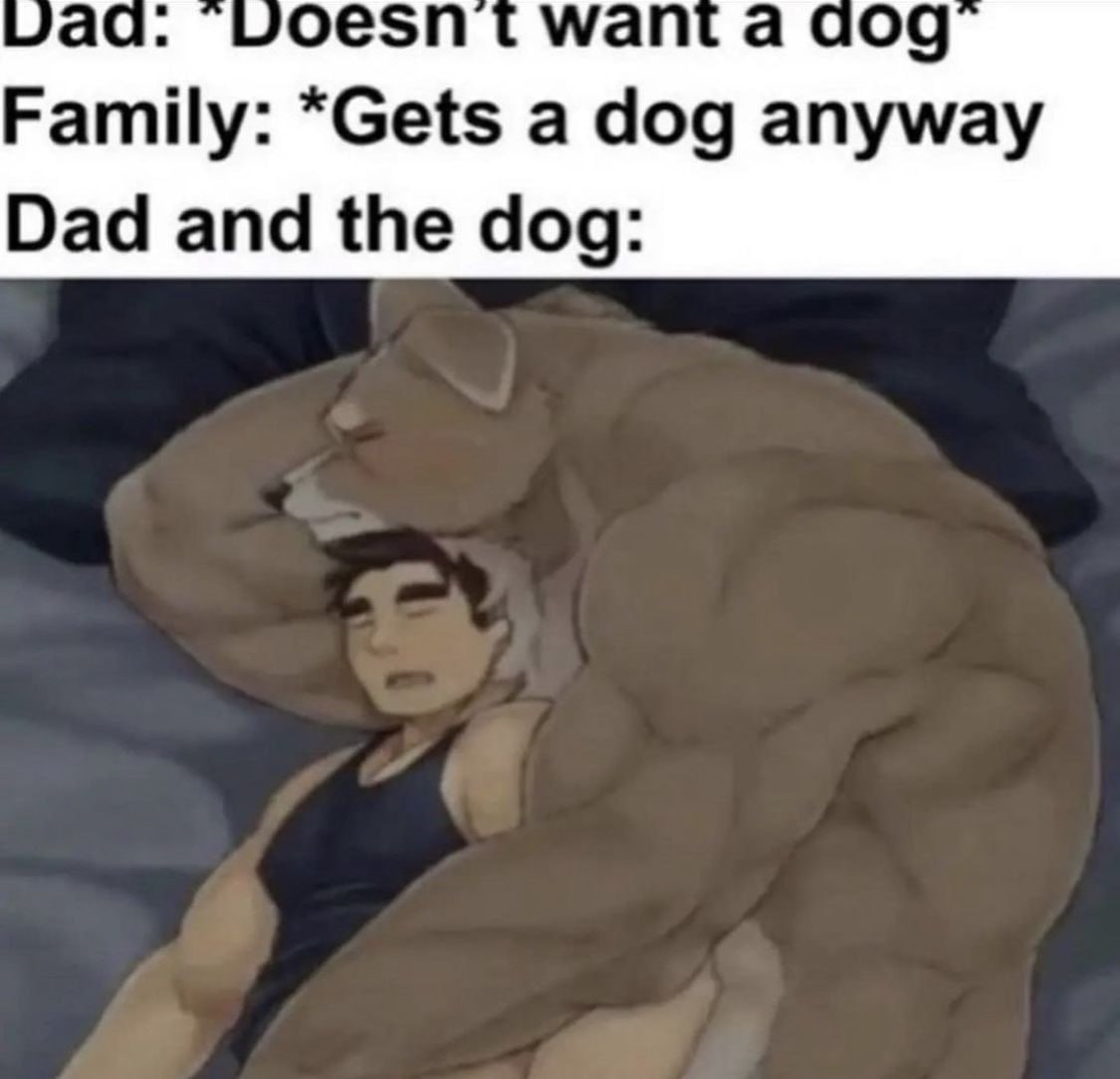 yaa. шоезпт\мапта dog Family: *Gets а dog anyway Dad and the dog: