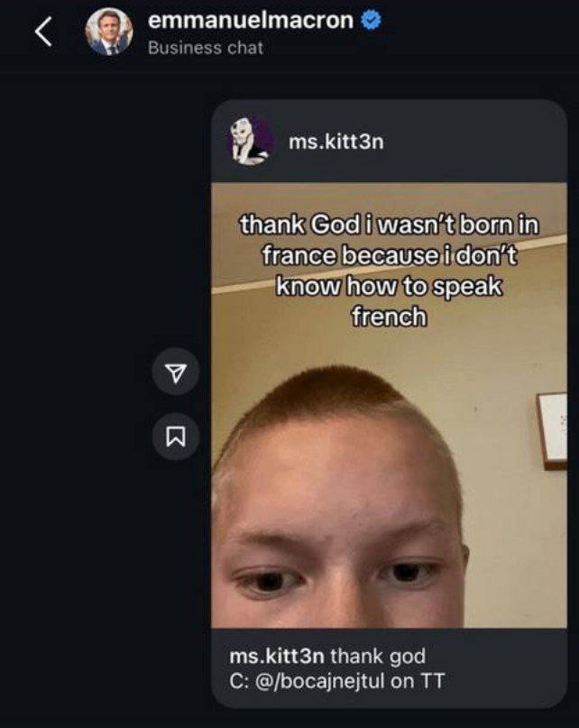i dont trust the bookmark feature on instagram so for the past two years ive been saving funny reels by dming them to the french president