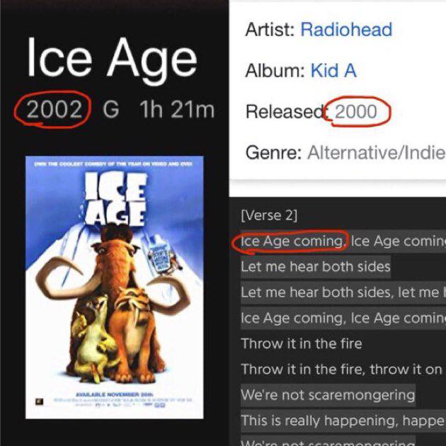 Artist: Radiohead Ice Age Album: Kid A 2002) th21m Вееазе 2000 Genre: Alter [Verse 2] Ice Age coming, Age comin Let me hear both sides Let me hear both sides, let me Ice Age coming, Ice Age comin Thro