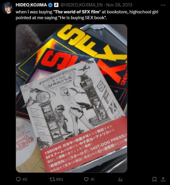 НОЕОКОЛМА @HIDEO КОЛМА_ЕМ Nov 28, 2013 when was buying "The world of SFX film" at bookstore, highschool girl pointed at me saying "He is buying SEX book”. и 4 2 7. 4 7) 3 40 13 663 О At