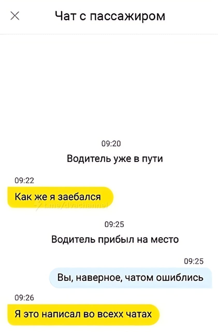 Чат с пассажиром 09:20 Водитель уже в пути 09:22 Как же я заебался 09:25 Водитель прибыл на место 09:25 Вы, наверное, чатом ошиблись 09:26 Я это написал во всехх чатах