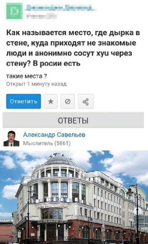 Как называется место, где дырка в стене, куда приходят не знакомые люди и анонимно сосут хуи через стену? В росии есть такие места Открыт 1 минуту назад ОТВЕТЫ Александр Савельев Мыслитель (5861) 14° 