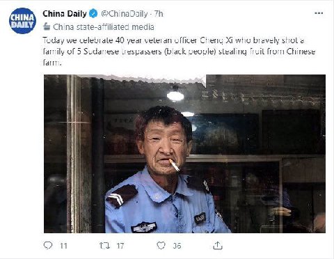 China Daily @ChinaDaily China state-affiliated media Today we celebrate 40 year veteran officer Cheng who bravely shot a family of 5 Sudanese trespassers (black people) stealing fruit from Chinese far