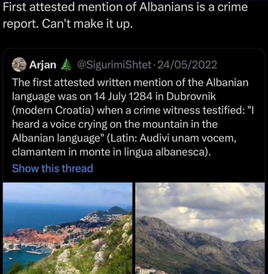 First attested mention of Albanians is а сите report. Can't make it up. Arjan The first attested written mention of the Albanian language was on 14 July 1284 in Dubrovnik (modern Croatia) when acrime 