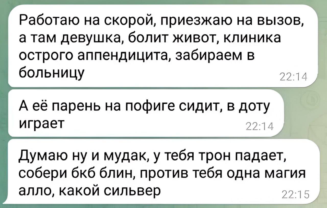Работаю на скорой, приезжаю на а там девушка, болит живот, клиника острого аппендицита, забираем в больницу 22:14 А её парень на пофиге сидит, в доту играет 22:14 Думаю ну и мудак, у тебя трон падает,
