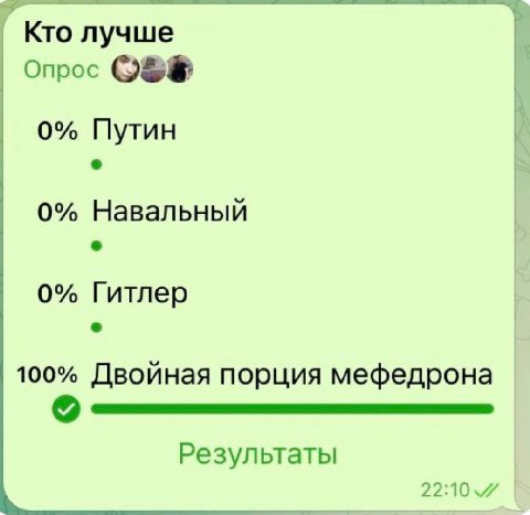 Кто лучше Опрос 0% Путин 0% Навальный 0% Гитлер 100% Двойная порция мефедрона Результаты