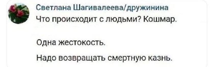 Светлана Шагивалеева/дружинина Что происходит с людьми? Кошмар. Одна жестокость. Надо возвращать смертную казнь.