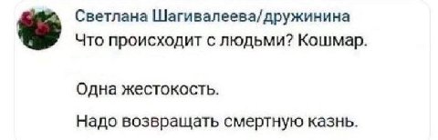 Светлана Шагивалеева/дружинина Что происходит с людьми? Кошмар. Одна жестокость. Надо возвращать смертную казнь.