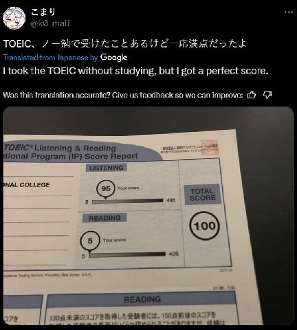 @k@_mali ТОНС, Translated from Japanese Google took the TOEIC without studying, but got a perfect score. Was this translation accurate? Give feedback so we can improve: Listening Reading tional Progra