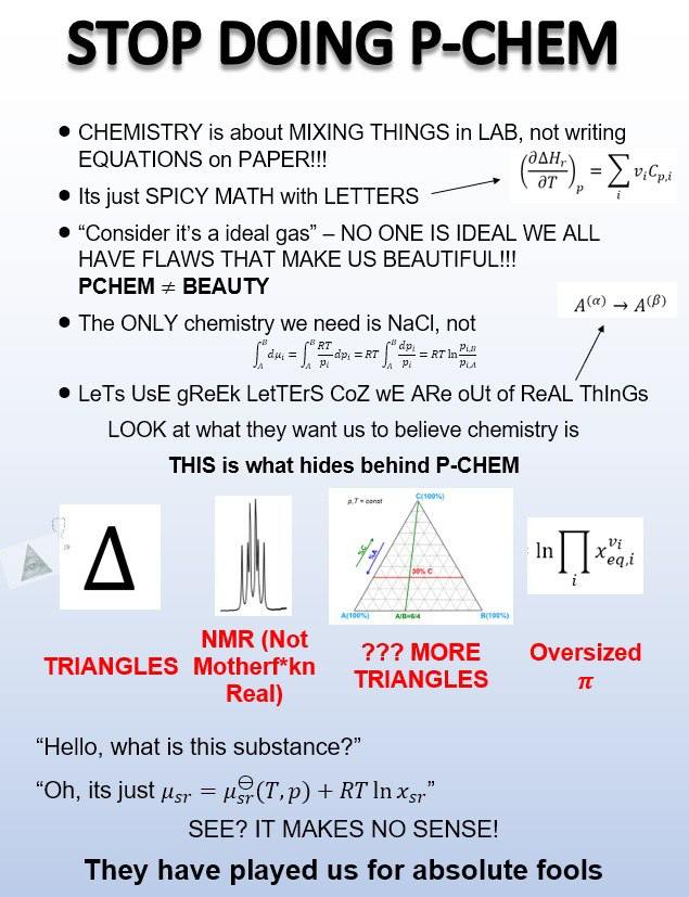 STOP DOING Р-СНЕМ CHEMISTRY is about MIXING THINGS in LAB, not writing EQUATIONS on PAPER!!! [15 just SPICY MATH with LETTERS i “Consider it’s a ideal gas” NO ONE IS IDEAL WE ALL HAVE FLAWS THAT MAKE 