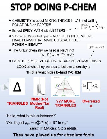 STOP DOING Р-СНЕМ CHEMISTRY is about MIXING THINGS in LAB, not writing EQUATIONS on PAPER!!! [15 just SPICY MATH with LETTERS i “Consider it’s a ideal gas” NO ONE IS IDEAL WE ALL HAVE FLAWS THAT MAKE 
