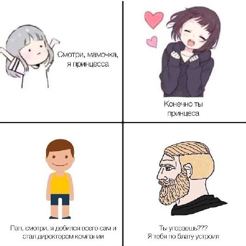 7 и Смотри, мамочка, AS я принцесса Конечно ты принцеса Пап, смотри, я добился всего сам и Ты угораешь??? стал директором компании Я тебя по блату устроил
