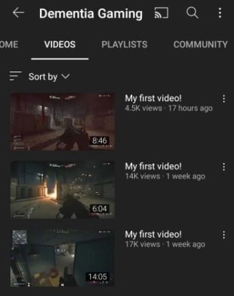 DementiaGaming С ОМЕ VIDEOS PLAYLISTS COMMUNITY Sort My first video! views 17 hours ago My first video! views 1 week ago 604 My first video! views 1 week ago а 1405