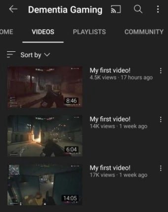 DementiaGaming С ОМЕ VIDEOS PLAYLISTS COMMUNITY Sort My first video! views 17 hours ago My first video! views 1 week ago 604 My first video! views 1 week ago а 1405