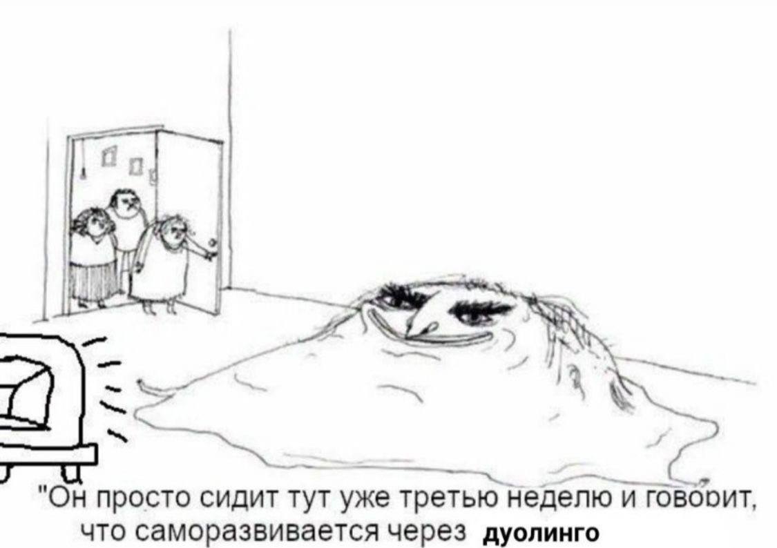 я "Он просто сидит тут уже третью неделю и говбоит, что саморазвивается через дуолинго