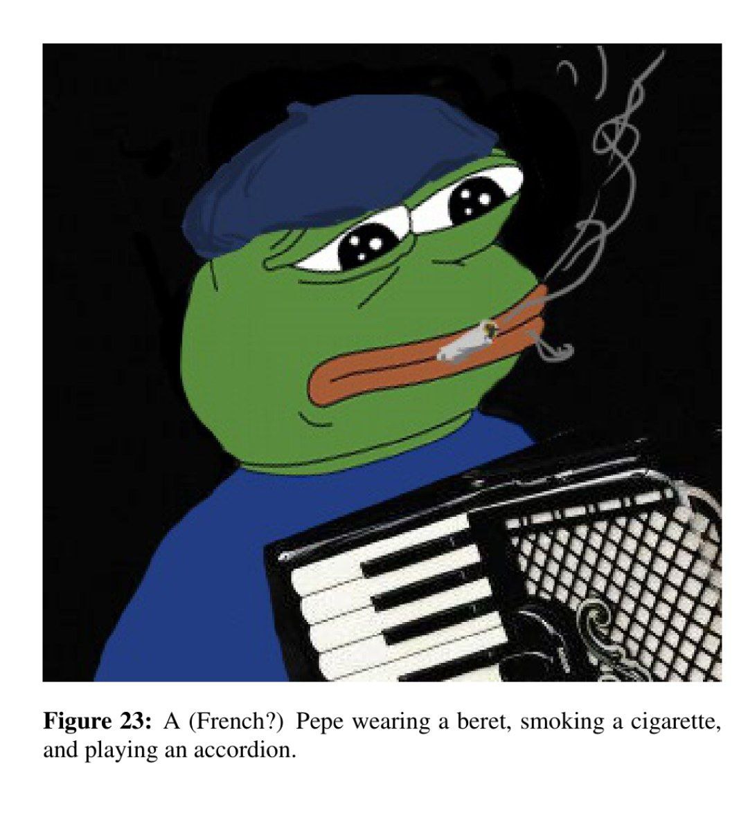 a и] Figure 23: A (French?) Pepe wearing a beret, smoking a cigarette, and playing an accordion.