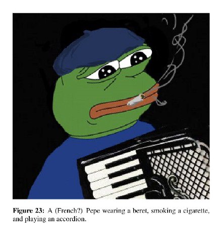 a и] Figure 23: A (French?) Pepe wearing a beret, smoking a cigarette, and playing an accordion.