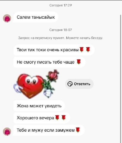 Сегодня 17:29 6 Салем танысайык Сегодня 18:07 Запрос на переписку принят. Можете начать беседу. Твои тик токи очень красивы Не смогу писать тебе чаще С Ответить Жена может увидеть Хорошего вечера 6 Те
