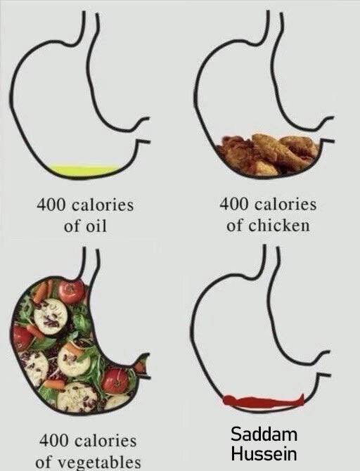 400 calories 400 calories of oil of chicken 400 calories Saddam of vegetables Hussein