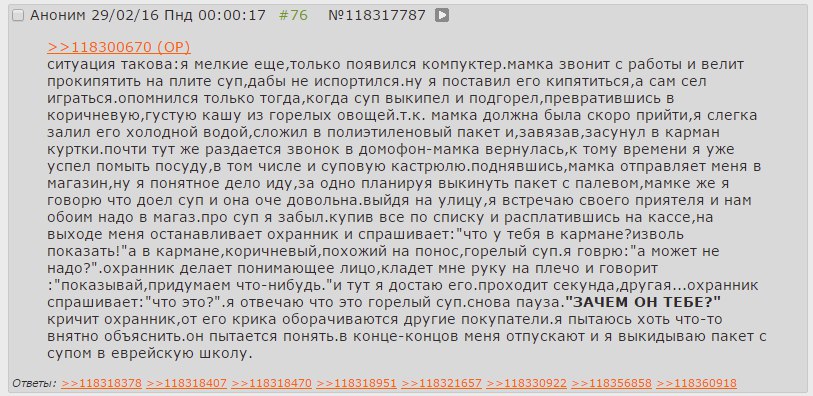 Аноним 29/02/16 Пнд 00:00:17 #76 №118317787 В >>118300670 ситуация такова:я мелкие появился компуктер.мамка звонит с работы и велит прокипятить на плите не испортился.ну я поставил его сам сел игратьс