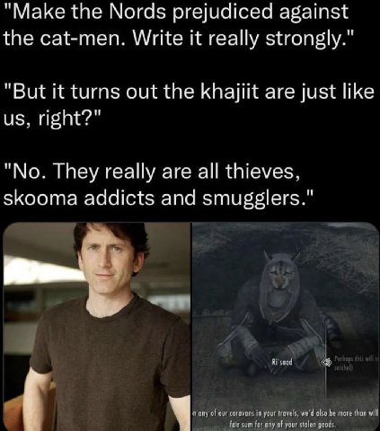 "Маке the Nords prejudiced against the cat-men. Write it really strongly." "But it turns out the khajiit are just like right?" "No. They really are all thieves. skooma addicts and smugglers."