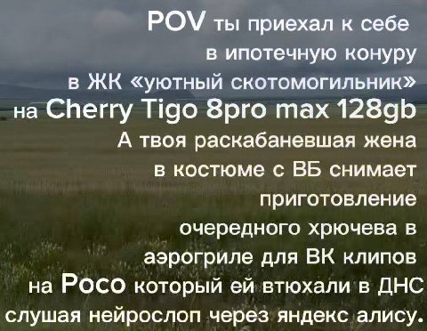 POV ты приехал к себе в ипотечную конуру в «уютный скотомогильник» на Cherry Tigo 8рго тах А твоя раскабаневшая жена в костюме с снимает приготовление очередного хрючева в аэрогриле для клипов на POCO