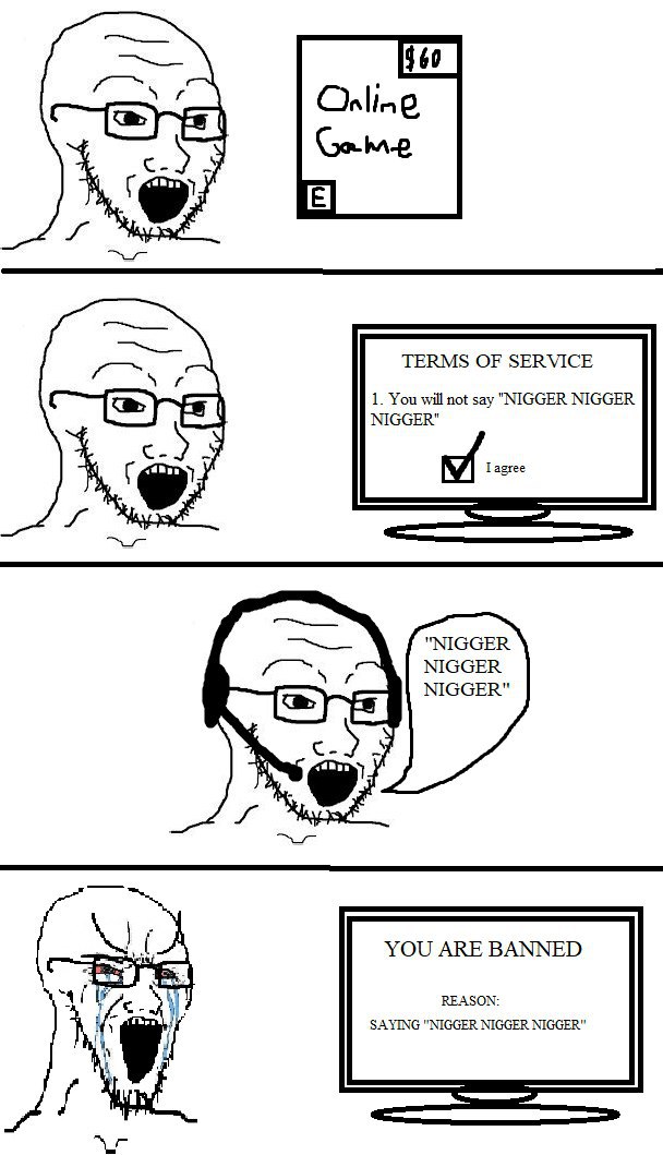 с.) TERMS OF SERVICE 1. You will not say "NIGGER NIGGER NIGGER" с.) Tagree "NIGGER NIGGER NIGGER" YOU ARE BANNED REASON: SAYING "NIGGER NIGGER NIGGER"