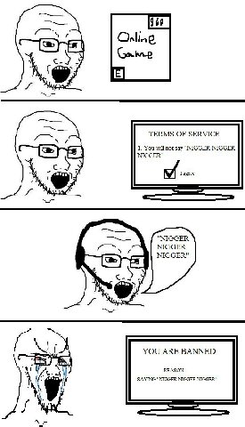 с.) TERMS OF SERVICE 1. You will not say "NIGGER NIGGER NIGGER" с.) Tagree "NIGGER NIGGER NIGGER" YOU ARE BANNED REASON: SAYING "NIGGER NIGGER NIGGER"