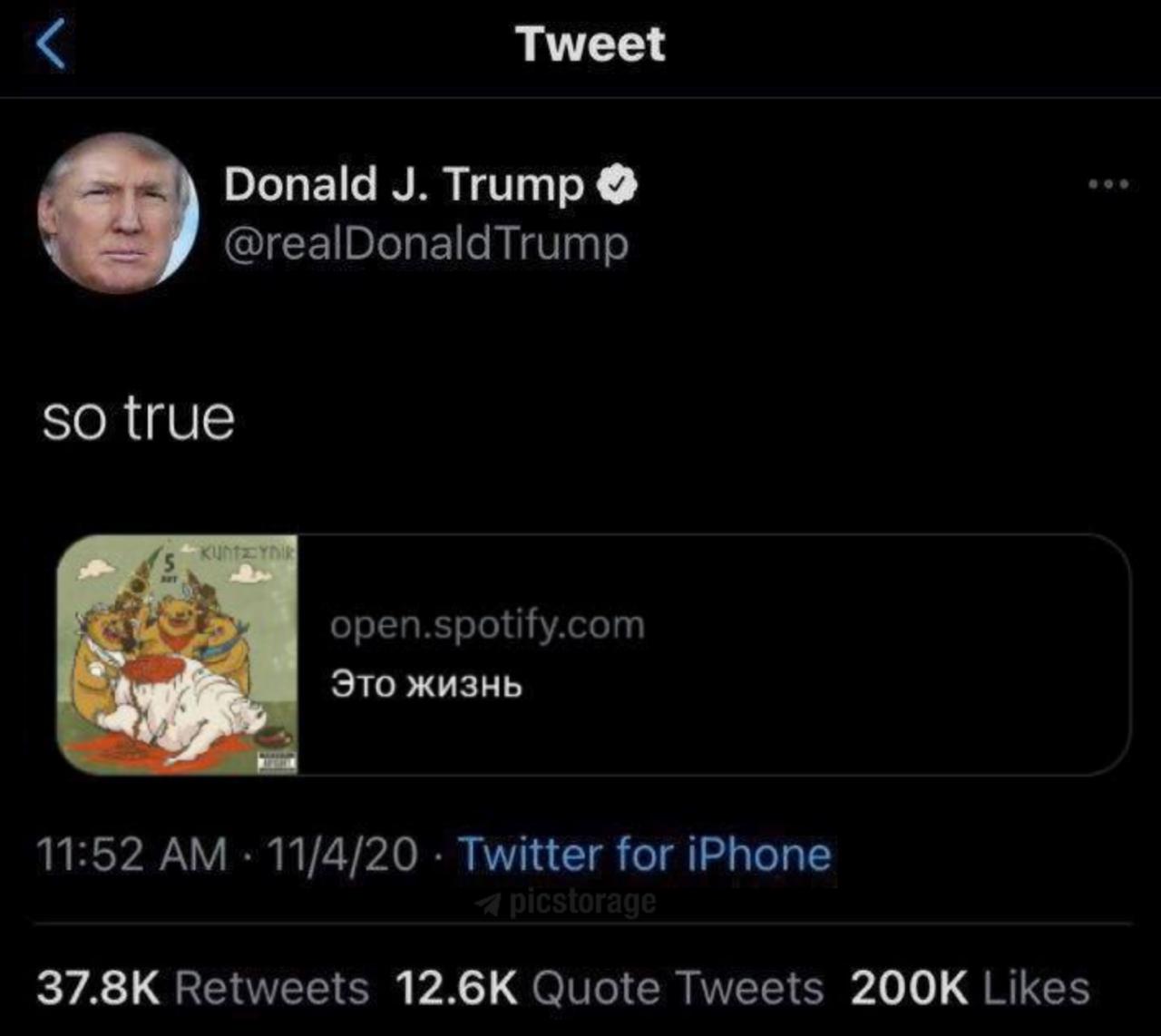 Tweet Donald Trump @realDonaldTrump so true open.spotify.com Это жизнь 11:52 11/4/20 Twitter for iPhone Retweets Quote Tweets Likes