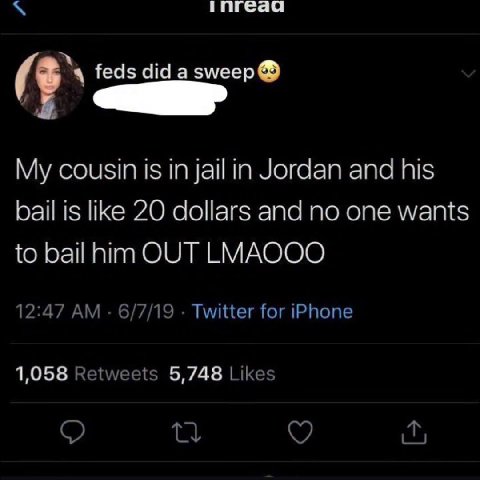 inreaa feds did а змеер cousin is in jail in Jordan and his bail is like 20 dollars and no one wants to bail him OUT LMAQOO 12:47 6/7/19 Twitter for iPhone 1,058 Retweets 5,748 Likes it;
