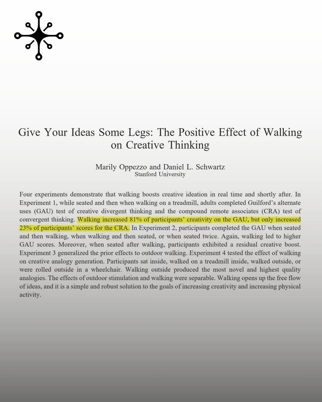 Give Your Ideas Some Legs: The Positive Effect of Walking on Creative Thinking Marily Oppezzo and Daniel Schwartz Stanford University Four experiments demonstrate that walking boosts creative ideation