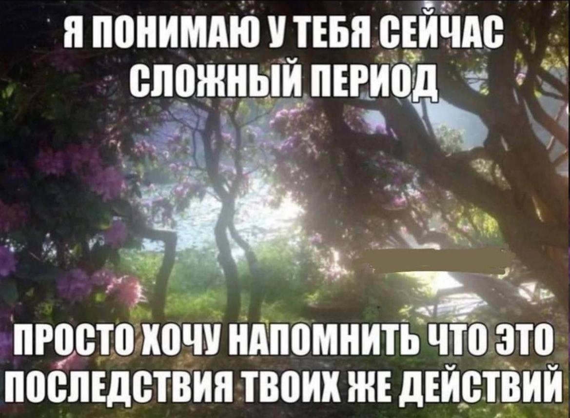 Я ПОНИМАЮ УТЕБЯ СЕЙЧАС сложный ПЕРИОД ПРОСТО ХОЧУ НАПОМНИТЬ 9ТО ЭТО ПОСЛЕДСТВИЯ ТВОИХ ДЕЙСТВИЙ