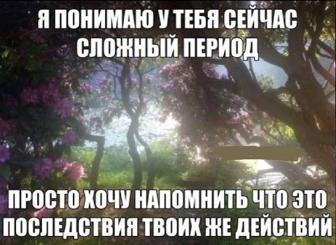 Я ПОНИМАЮ УТЕБЯ СЕЙЧАС сложный ПЕРИОД ПРОСТО ХОЧУ НАПОМНИТЬ 9ТО ЭТО ПОСЛЕДСТВИЯ ТВОИХ ДЕЙСТВИЙ