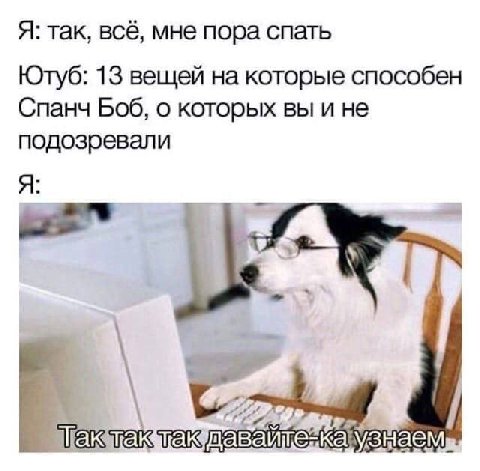 Я: так, всё, мне пора спать Ютуб: 13 вещей на которые способен Спанч Боб, о которых вы и не подозревали Я