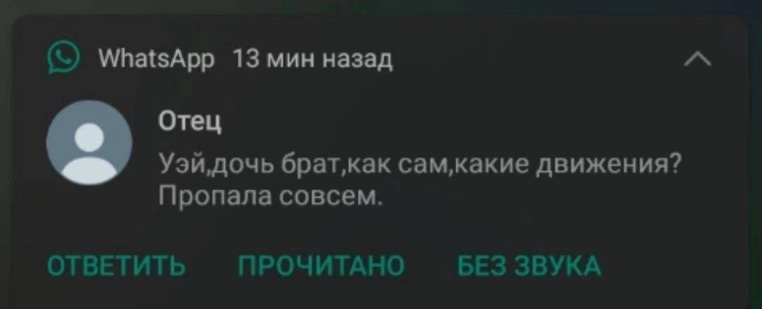 WhatsApp 13 мин назад A Отец Уэй,дочь брат‚как сам‚какие движения? Пропала совсем. ОТВЕТИТЬ ПРОЧИТАНО БЕЗ ЗВУКА