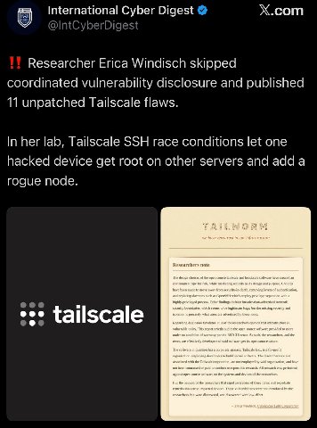 International Cyber Digest Х.сот Researcher Erica Windisch skipped coordinated vulnerability disclosure and published 11 unpatched Tailscale flaws. In her lab, Tailscale SSH race conditions let one ha
