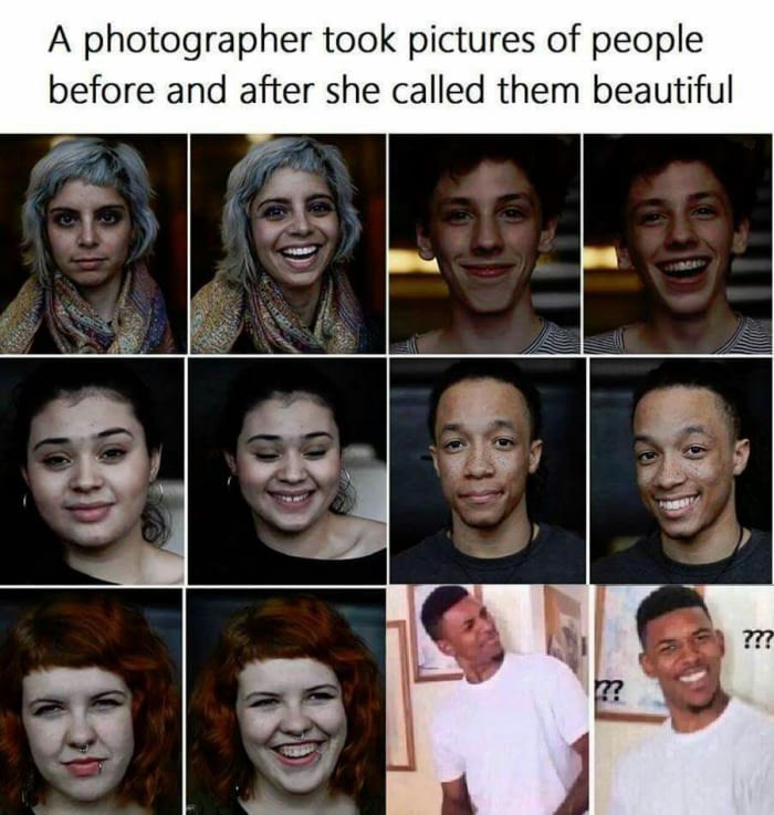А photographer took pictures of people before and after she called them beautiful