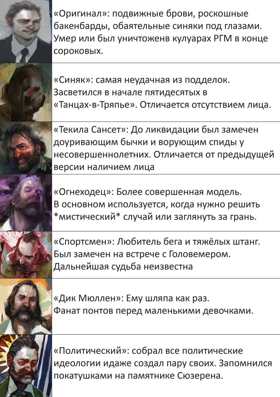 «Оригинал»: подвижные брови, роскошные бакенбарды, обаятельные синяки под глазами. Умер или был уничтоженв кулуарах РГМ в конце сороковых. «Синяк»: самая неудачная из подделок. Засветился в начале пят