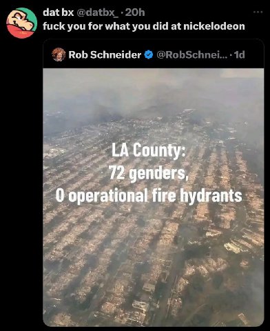 dat fuck you for what you did at nickelodeon Rob Schneider County: genders, 0 operational fire hydrants