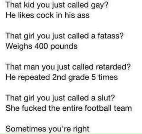 That kid you just called gay? He likes cock in his ass That girl you just called a fatass? Weighs 400 pounds That man you just called retarded? He repeated grade 5 times That girl you just called a sl