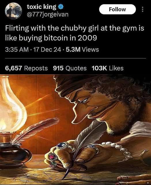 toxic king @777jorgeivan Flirting with the chubhy girl at the gym is like buying bitcoin in 2009 3:35 17 Dec 24 Views Reposts 915 Quotes Likes