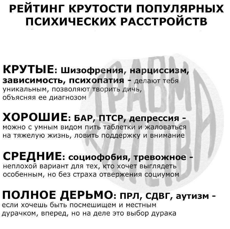 РЕЙТИНГ КРУТОСТИ ПОПУЛЯРНЫХ ПСИХИЧЕСКИХ РАССТРОЙСТВ КРУТЫЕ: шизофрения, нарциссизм, зависимость, психопатия делают тебя уникальным, позволяют творить дичь, объясняя ее диагнозом ХОРОШИЕ: БАР, ПТСР, де