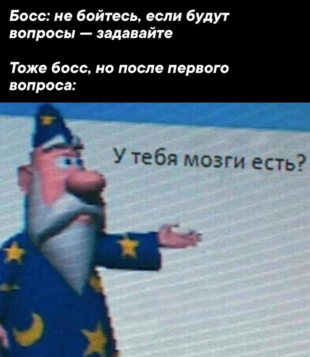 Босс: не бойтесь, если будут вопросы задавайте Тоже босс, но после первого вопроса: У тебя мозги есть?