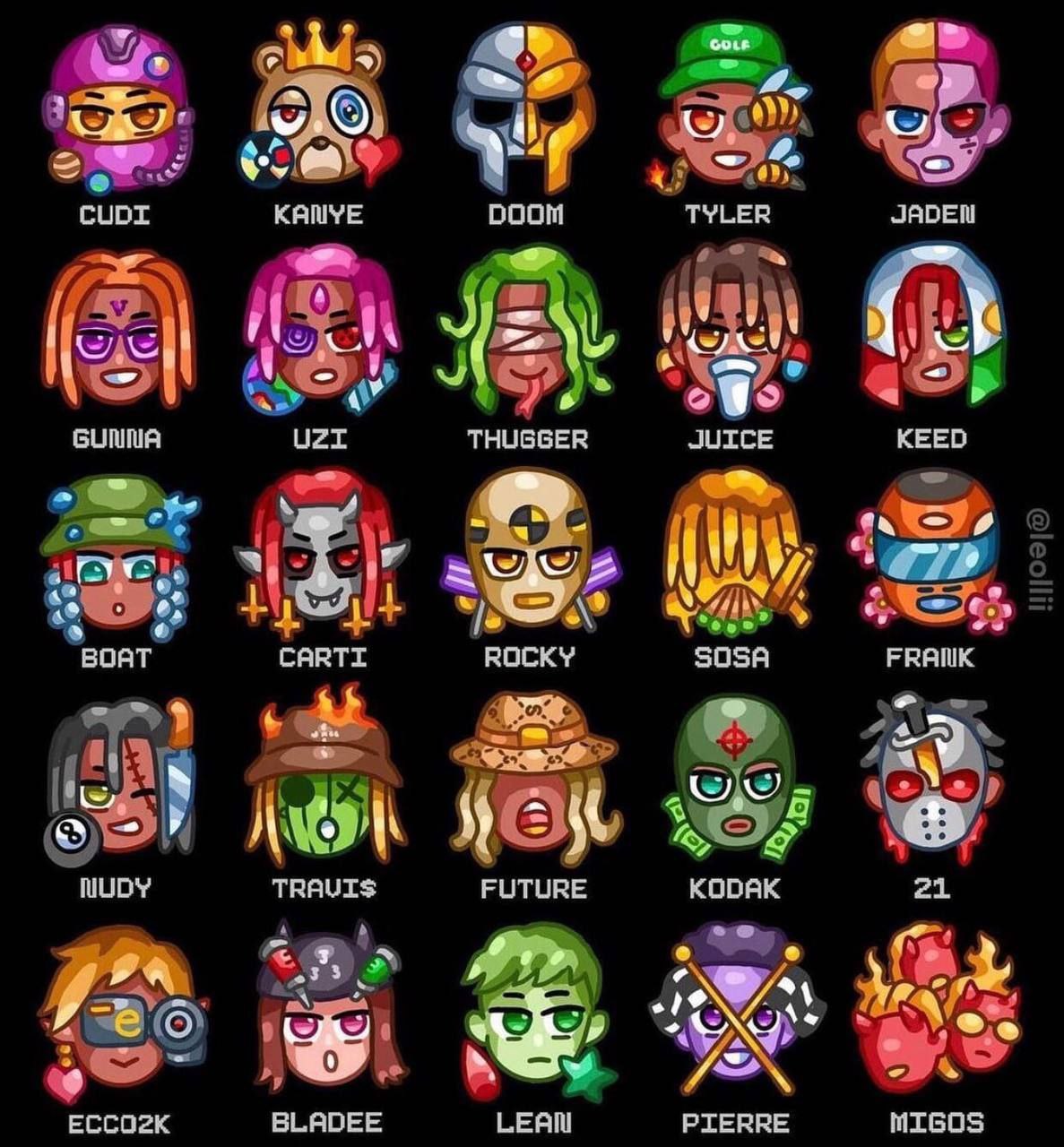at CUDI KANYE boom TYLER JABEN а и Moat 4 о BUNA THUGGER JUICE KEED a A. -и BOAT CARTI ROCKY SOSA FRAIIK В TRAUIS FUTURE KODAK 21 ЕССО2К BLADEE LEAN PIERRE mIGOS