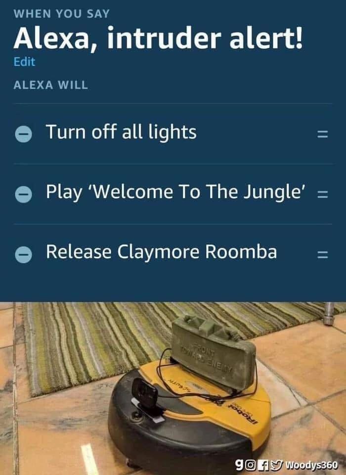 WHEN YOU SAY Alexa, intruder alert! Edit ALEXA WILL Turn off all lights Play ‘Welcome To The Jungle’ Release Claymore Roomba
